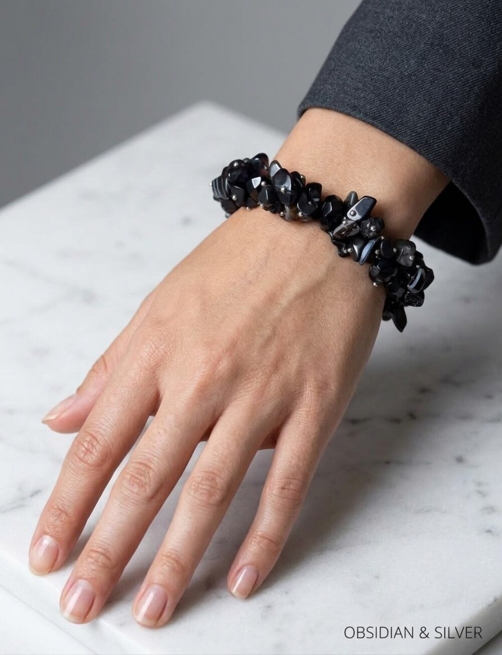 Bracelet 7" Bohemian Handmade Seed Beads With Mixed Black Chips Stretch
